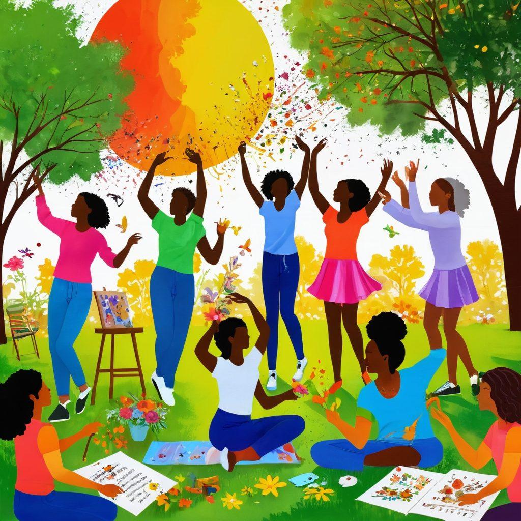 A vibrant collage depicting various creative hobbies such as painting, dancing, writing, and crafting. Include a diverse group of people engaged in these activities, all radiating joy and passion. The background should feature a sunny park setting with colorful flowers and trees, symbolizing inspiration and leisure. Add artistic elements like paint splashes and musical notes floating through the air. digital art. bright colors. dynamic composition.